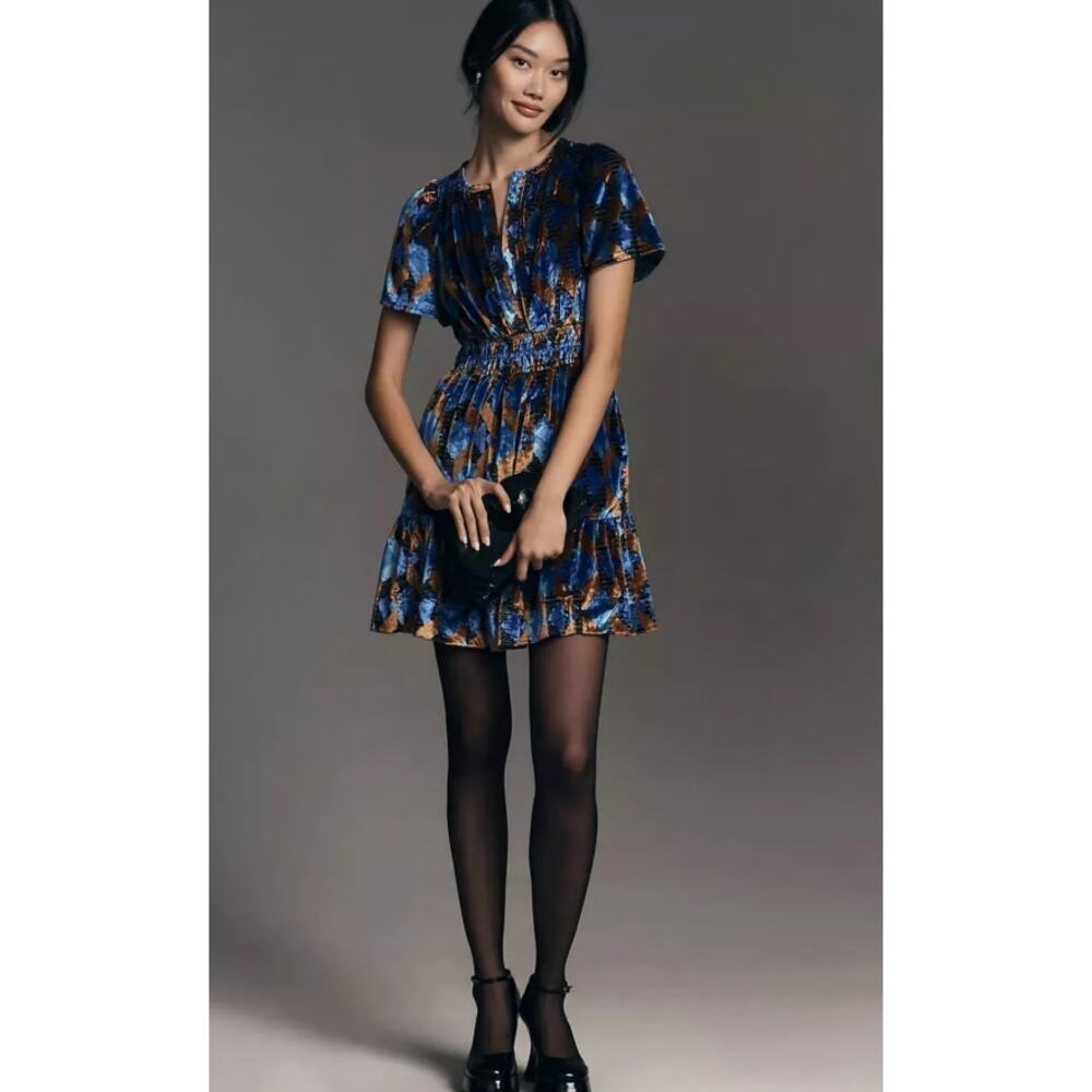 Anthropologie The‎ Somerset Geometric Velvet Mini Dress Blue Size Small Petite